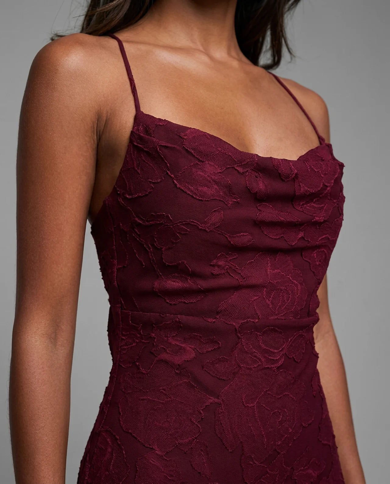 Burgundy Floral Cowl Neck Lace Up Back Maxi Dress
