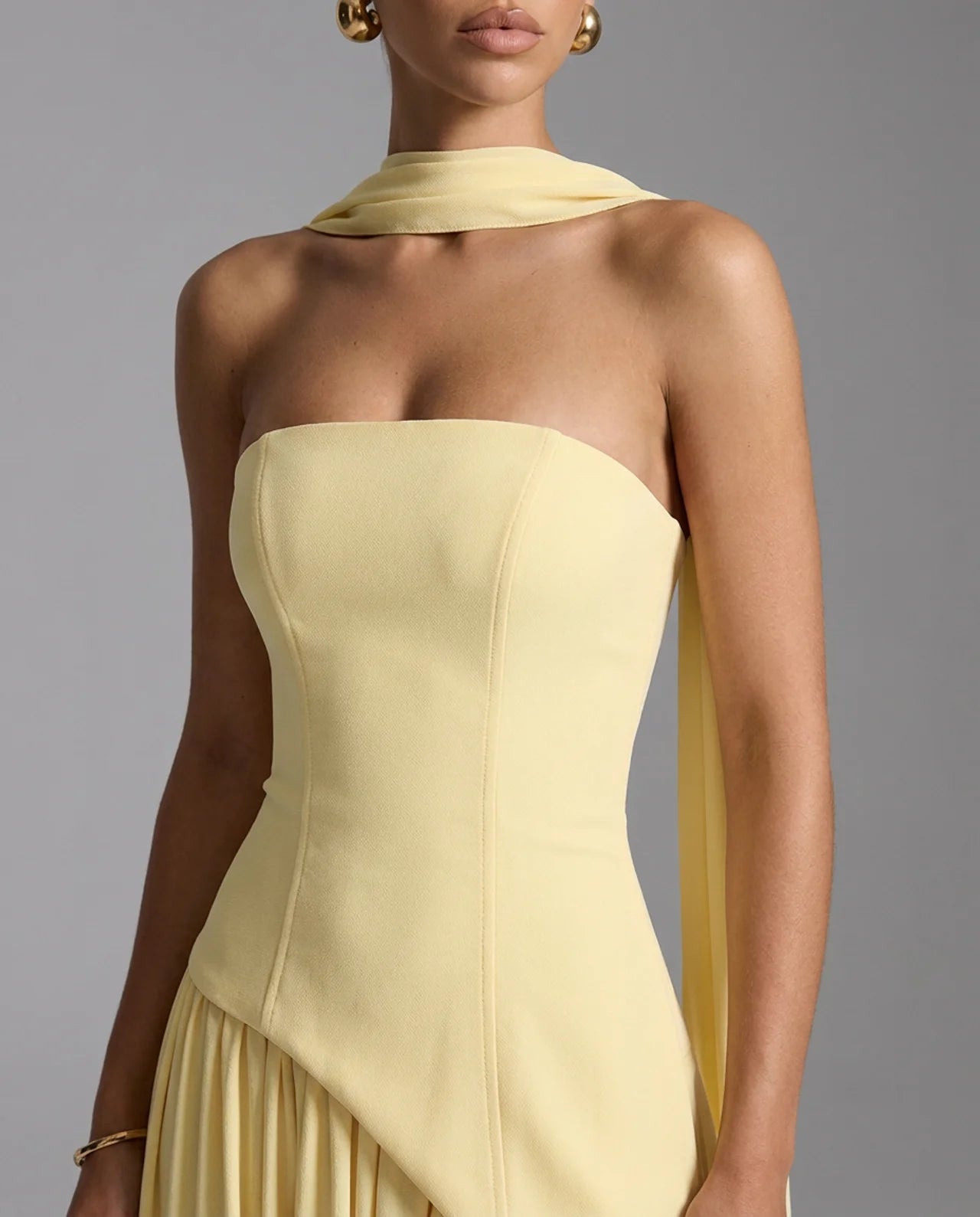 Pale Yellow Strapless Corset Back Maxi Dress