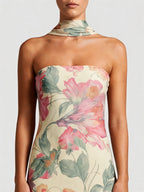 Floral Strapless Neck Scarf Maxi Dress