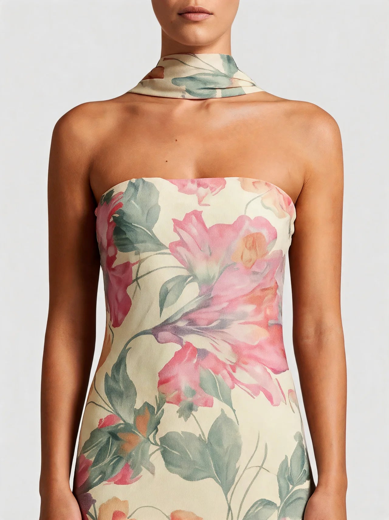 Floral Strapless Neck Scarf Maxi Dress