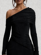 Off Shoulder Long Sleeve Draped Maxi Dress