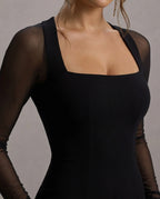 Black Mesh Sleeve Square Neck Bodycon Midi Dress