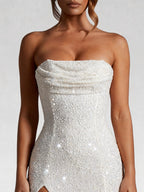 Beaded Strapless Thigh Split Maxi Dress