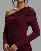 Burgundy Off Shoulder Long Sleeve Draped Maxi Dress