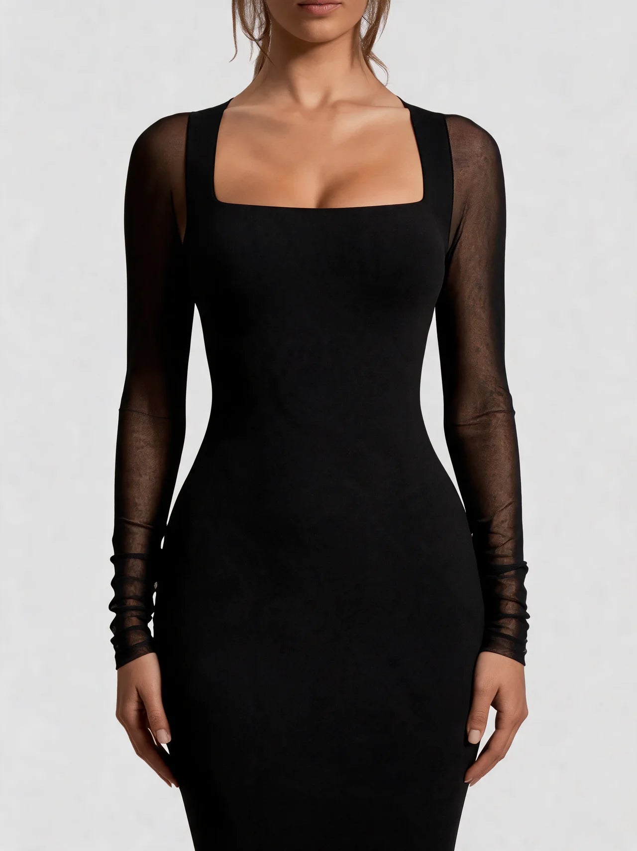 Mesh Sleeve Square Neck Bodycon Midi Dress