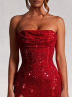 Beaded Strapless Thigh Split Maxi Dress
