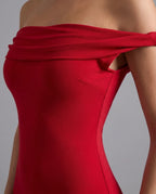 Red Off Shoulder Fishtail Column Maxi Dress