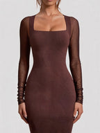 Mesh Sleeve Square Neck Bodycon Midi Dress