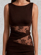 Lace Panel High Neck Column Maxi Dress