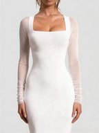 Mesh Sleeve Square Neck Bodycon Midi Dress