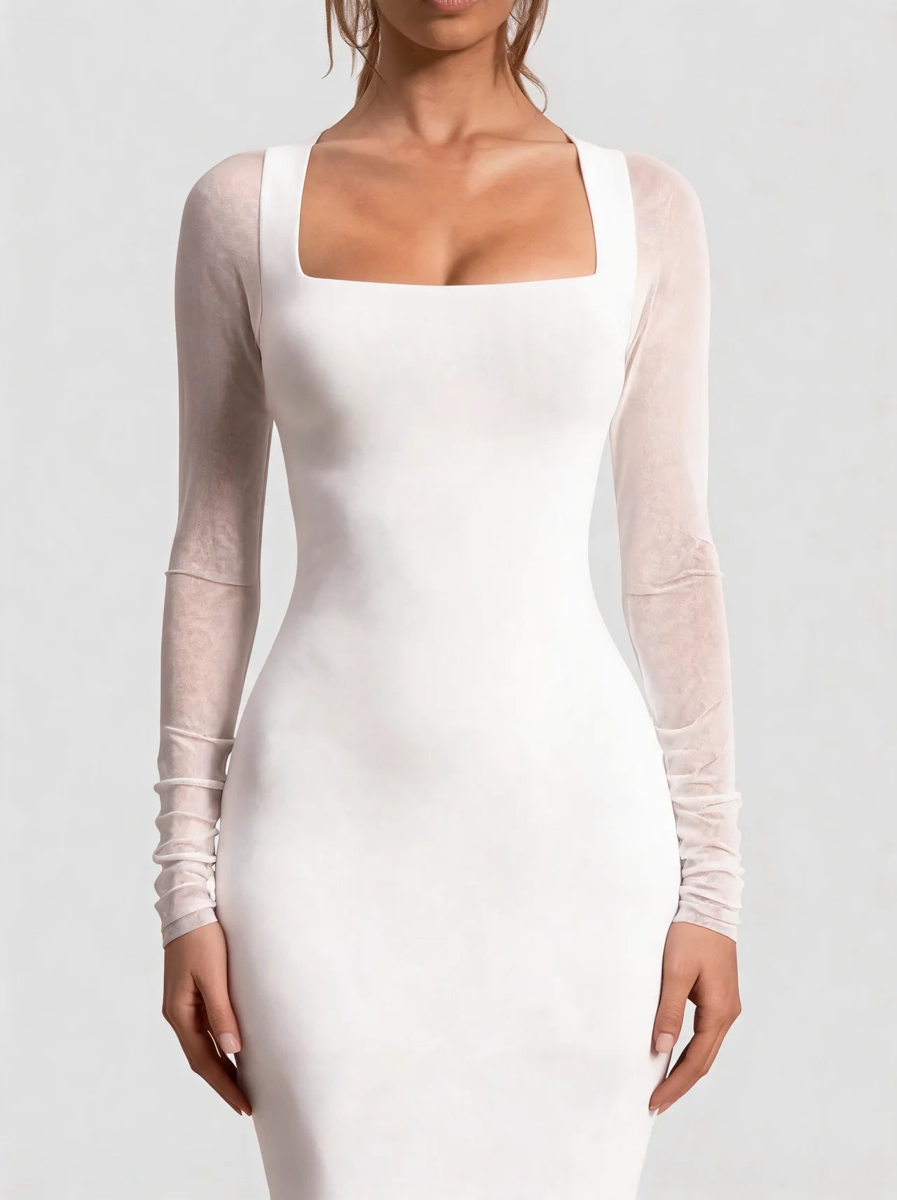 Mesh Sleeve Square Neck Bodycon Midi Dress