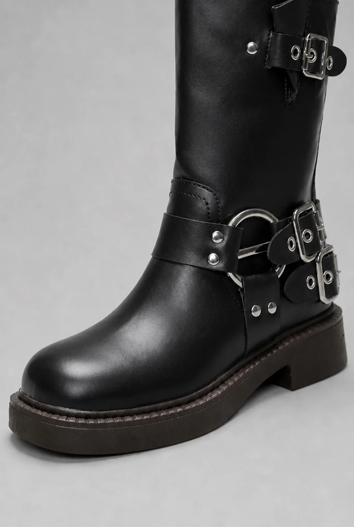 Studded Buckle Harness Mid-Calf Boots