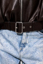 Belted Faux Leather Bomber Jacket