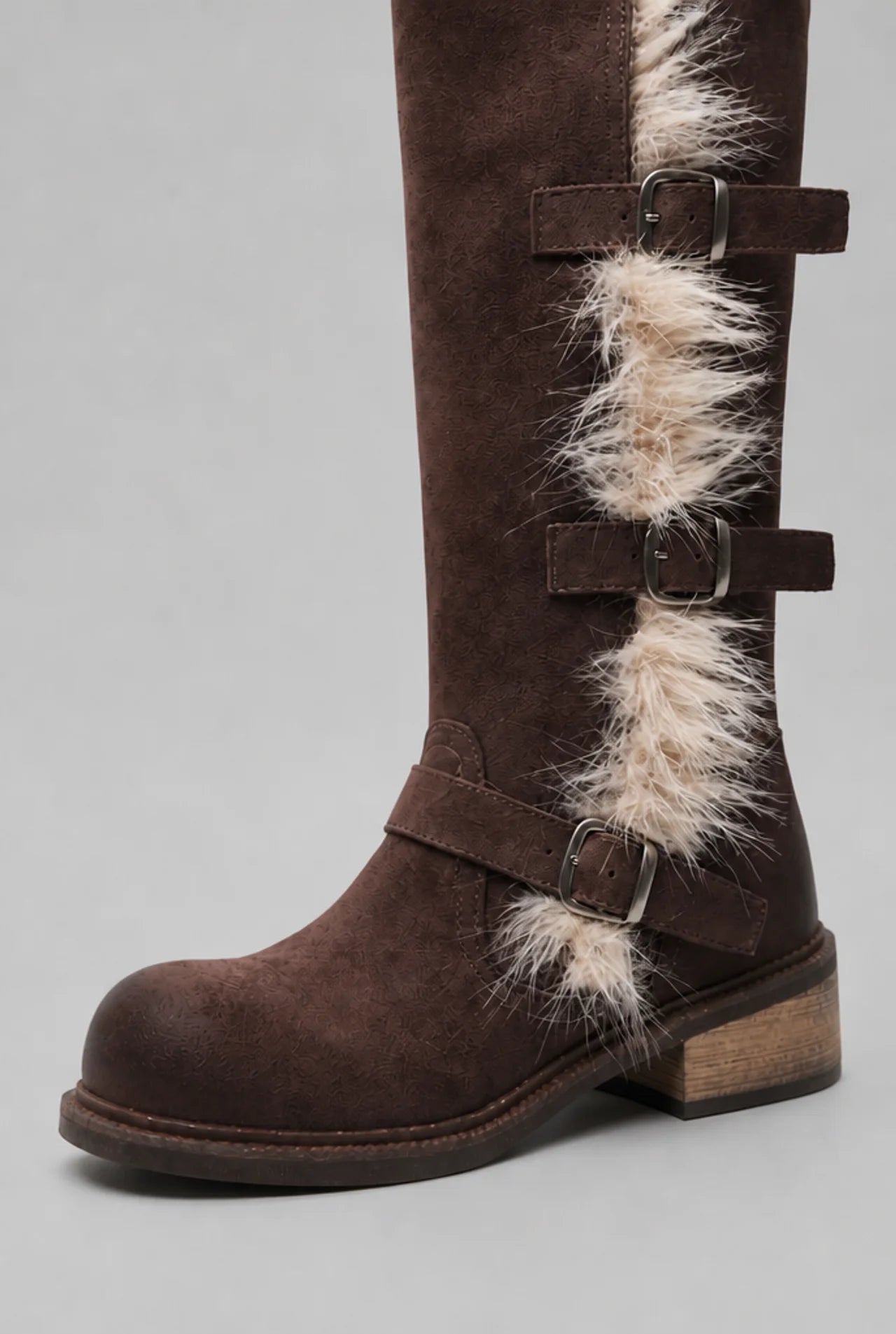 Faux Fur Trim Buckle Knee-High Boots