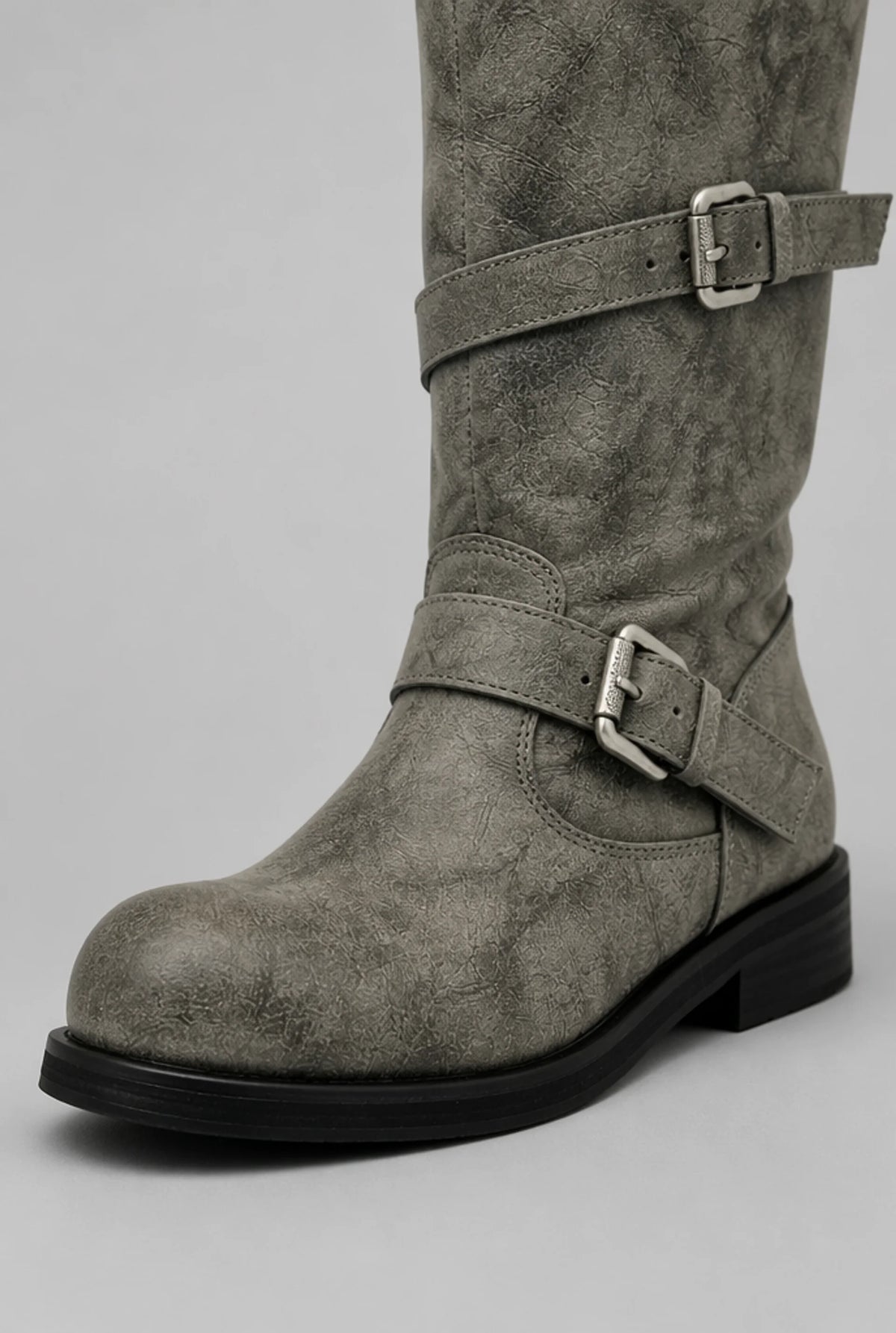 Distressed Double Buckle Mid-Calf Boots