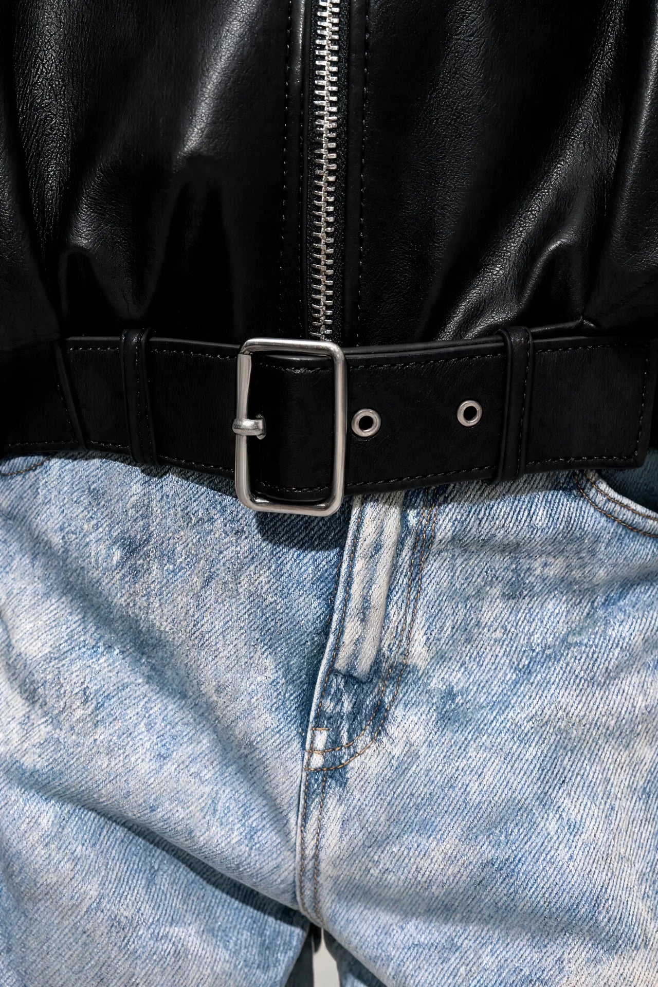 Belted Faux Leather Bomber Jacket