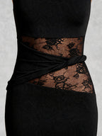 Lace Panel High Neck Column Maxi Dress