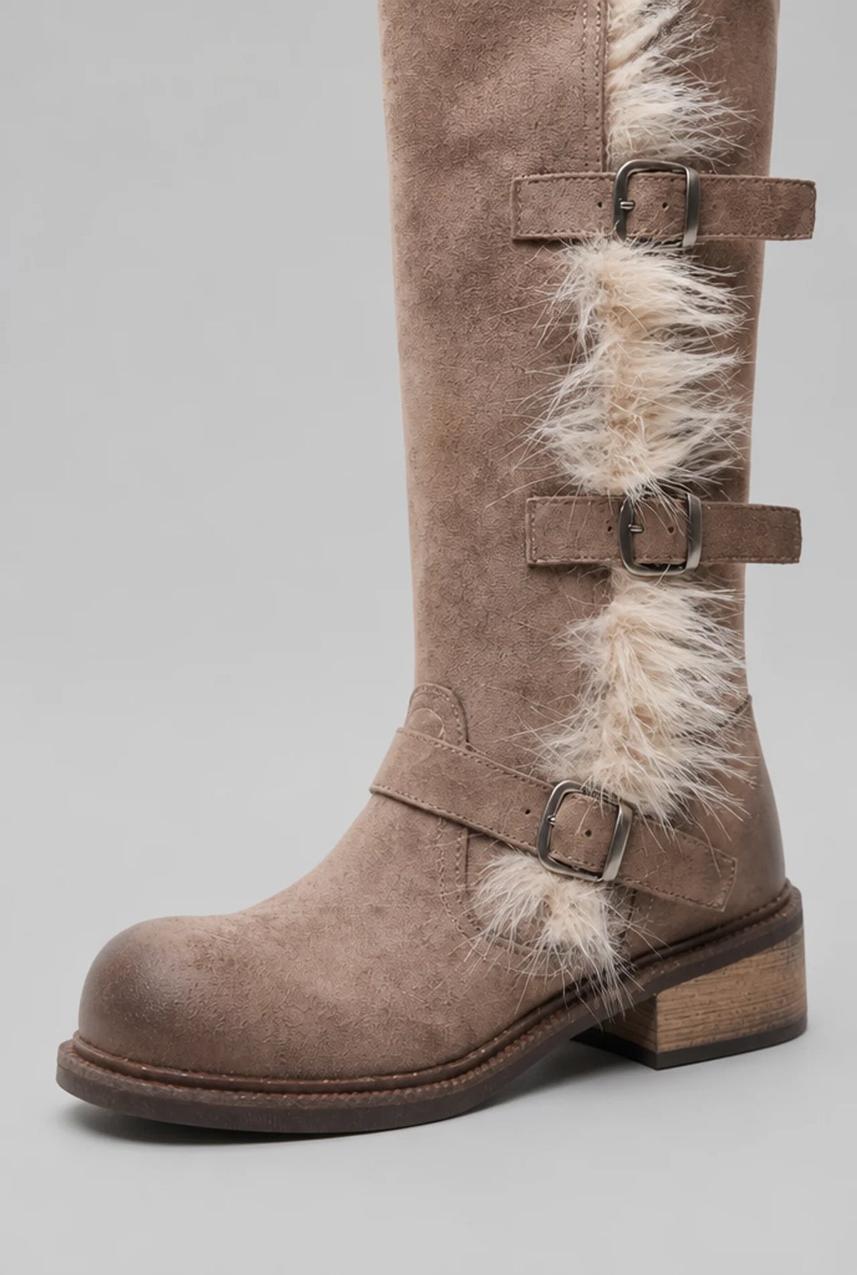 Faux Fur Trim Buckle Knee-High Boots