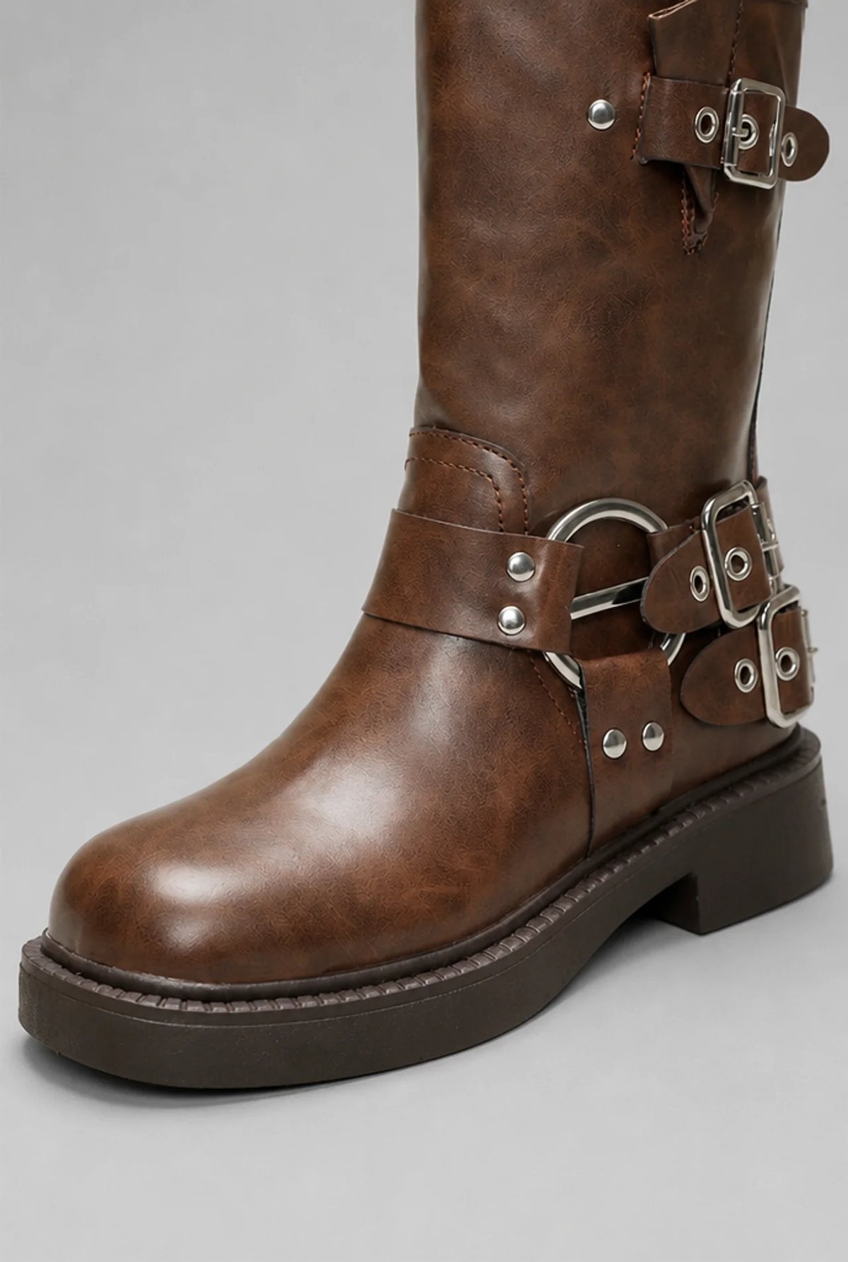 Studded Buckle Harness Mid-Calf Boots