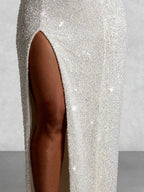 Beaded Strapless Thigh Split Maxi Dress
