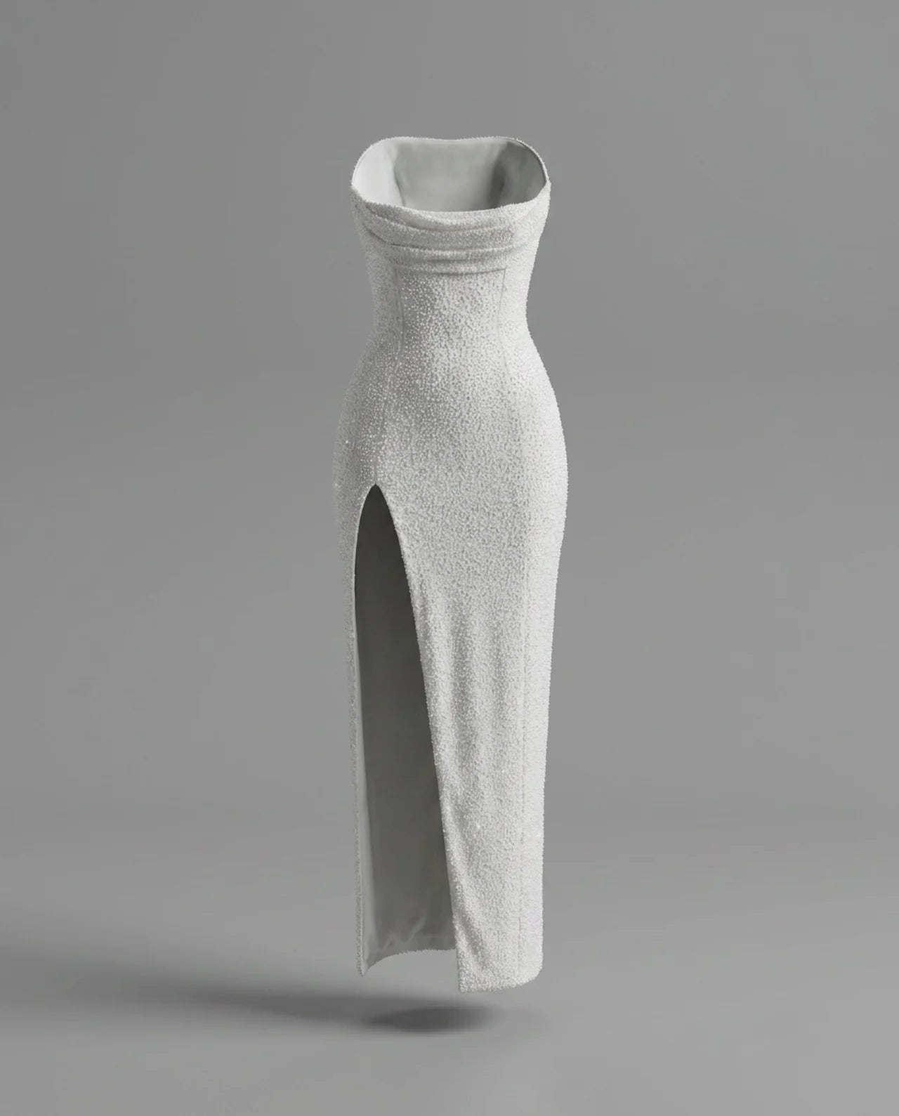 Ivory Beaded Strapless Thigh Split Maxi Dress