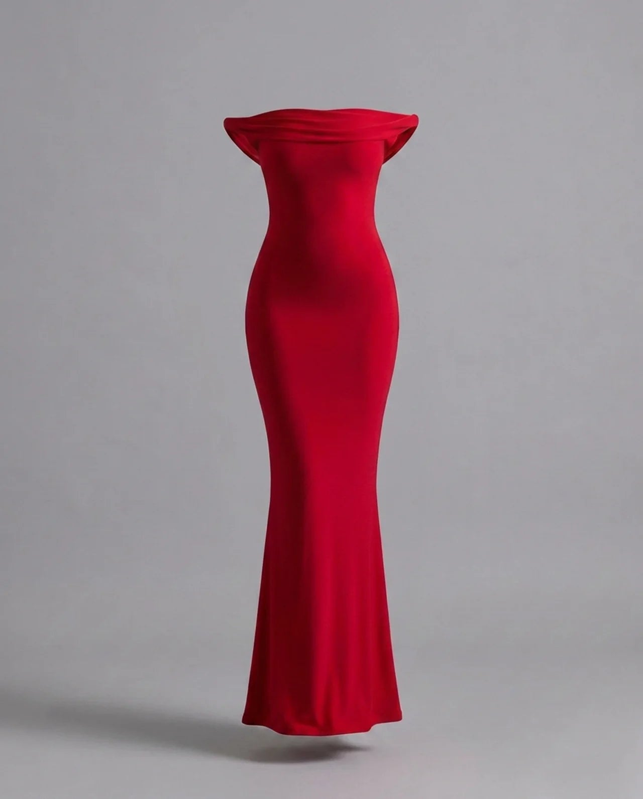 Red Off Shoulder Fishtail Column Maxi Dress