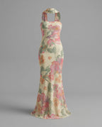 Cream Floral Strapless Neck Scarf Maxi Dress