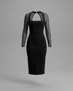 Black Mesh Sleeve Square Neck Bodycon Midi Dress
