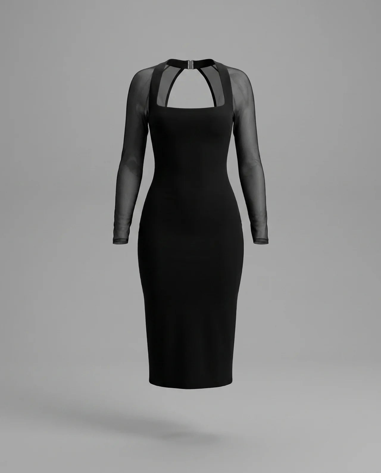 Black Mesh Sleeve Square Neck Bodycon Midi Dress