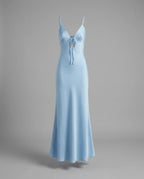 Pale Blue Satin Slip Tie Front Maxi Dress