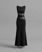 Black Lace Panel High Neck Column Maxi Dress
