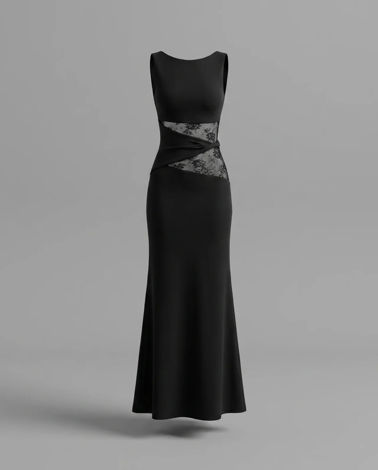 Black Lace Panel High Neck Column Maxi Dress