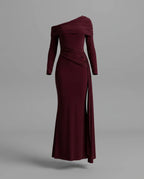 Burgundy Off Shoulder Long Sleeve Draped Maxi Dress