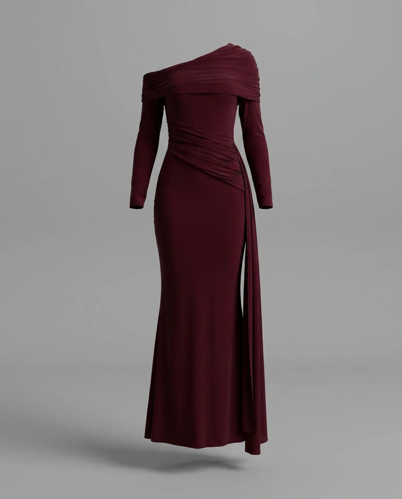 Burgundy Off Shoulder Long Sleeve Draped Maxi Dress