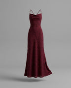 Burgundy Floral Cowl Neck Lace Up Back Maxi Dress