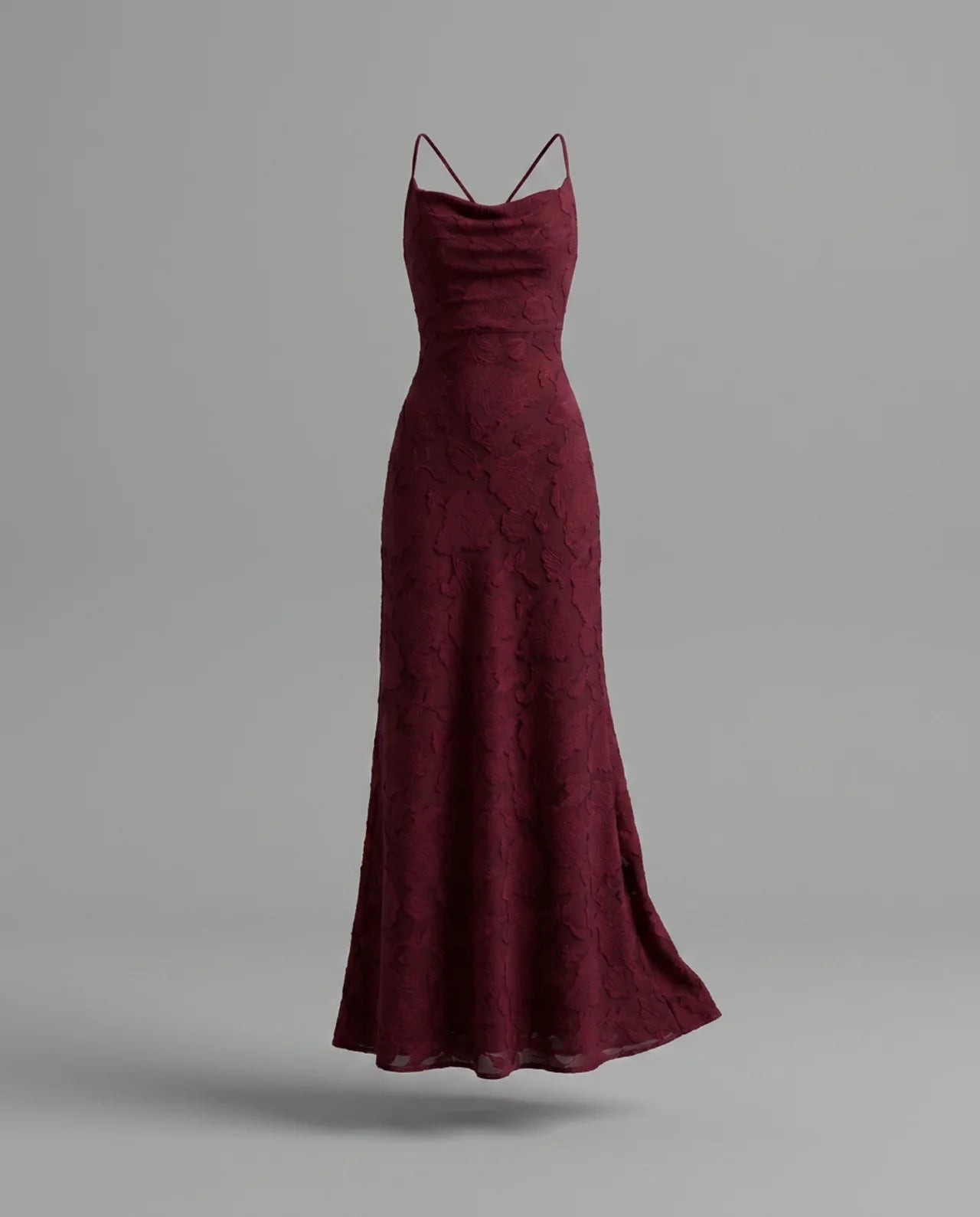 Burgundy Floral Cowl Neck Lace Up Back Maxi Dress