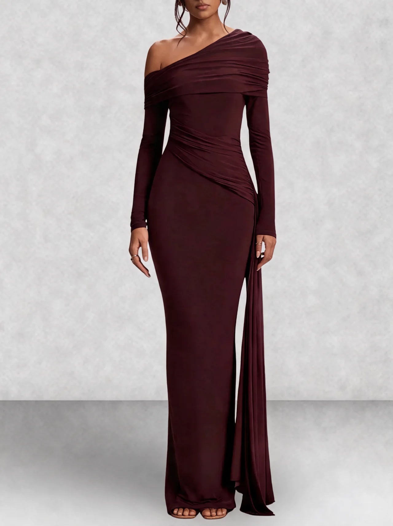 Off Shoulder Long Sleeve Draped Maxi Dress