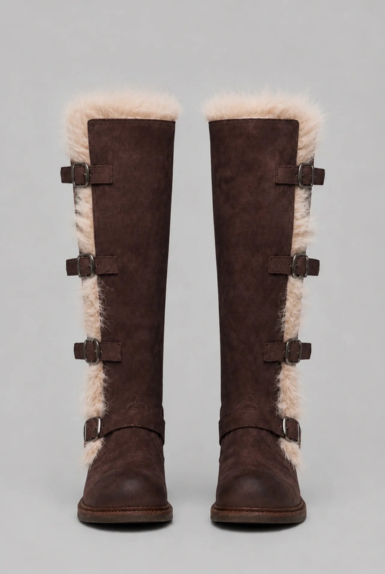 Faux Fur Trim Buckle Knee-High Boots