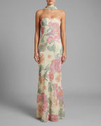 Cream Floral Strapless Neck Scarf Maxi Dress