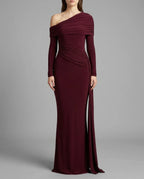 Burgundy Off Shoulder Long Sleeve Draped Maxi Dress