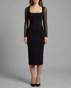 Black Mesh Sleeve Square Neck Bodycon Midi Dress