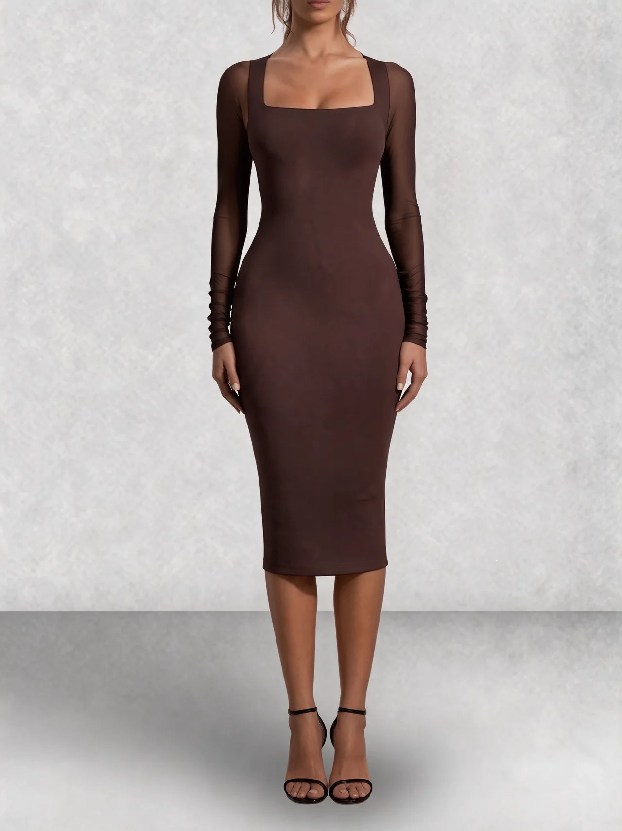 Mesh Sleeve Square Neck Bodycon Midi Dress