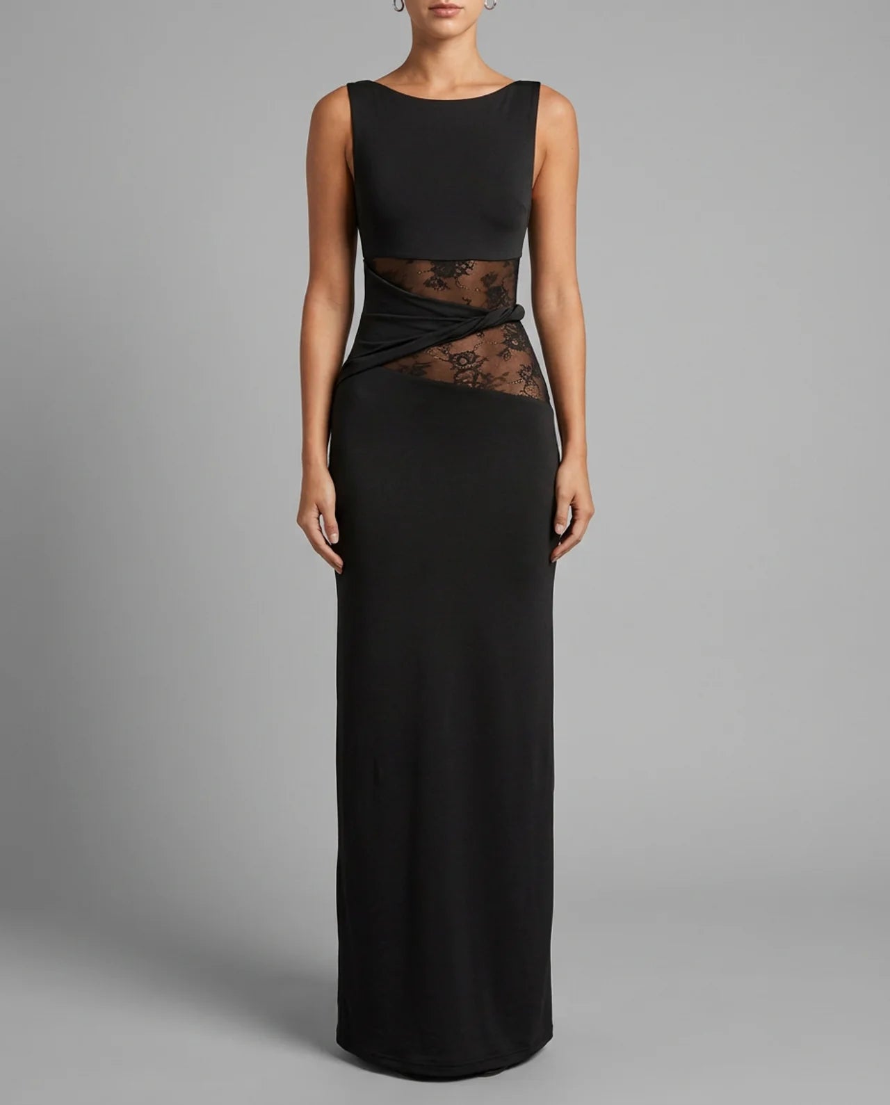 Black Lace Panel High Neck Column Maxi Dress