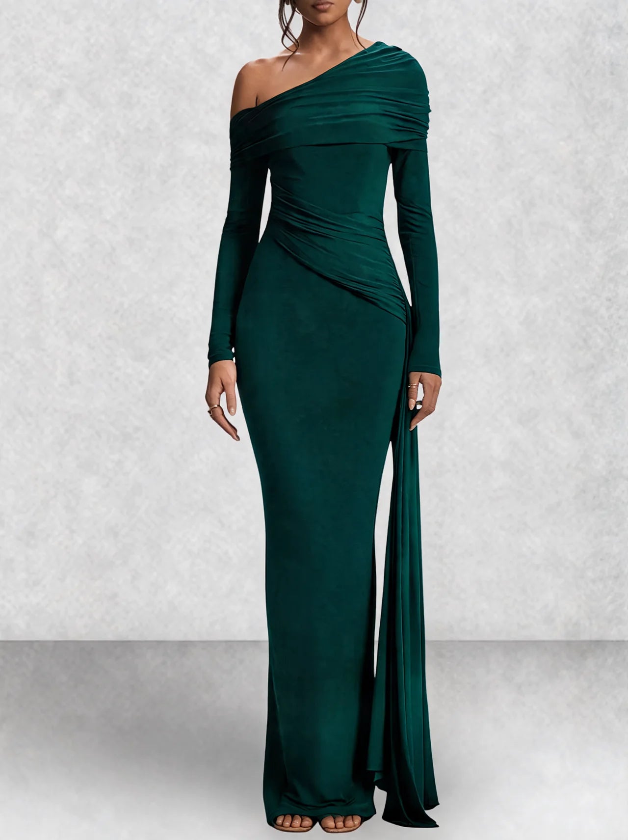 Off Shoulder Long Sleeve Draped Maxi Dress