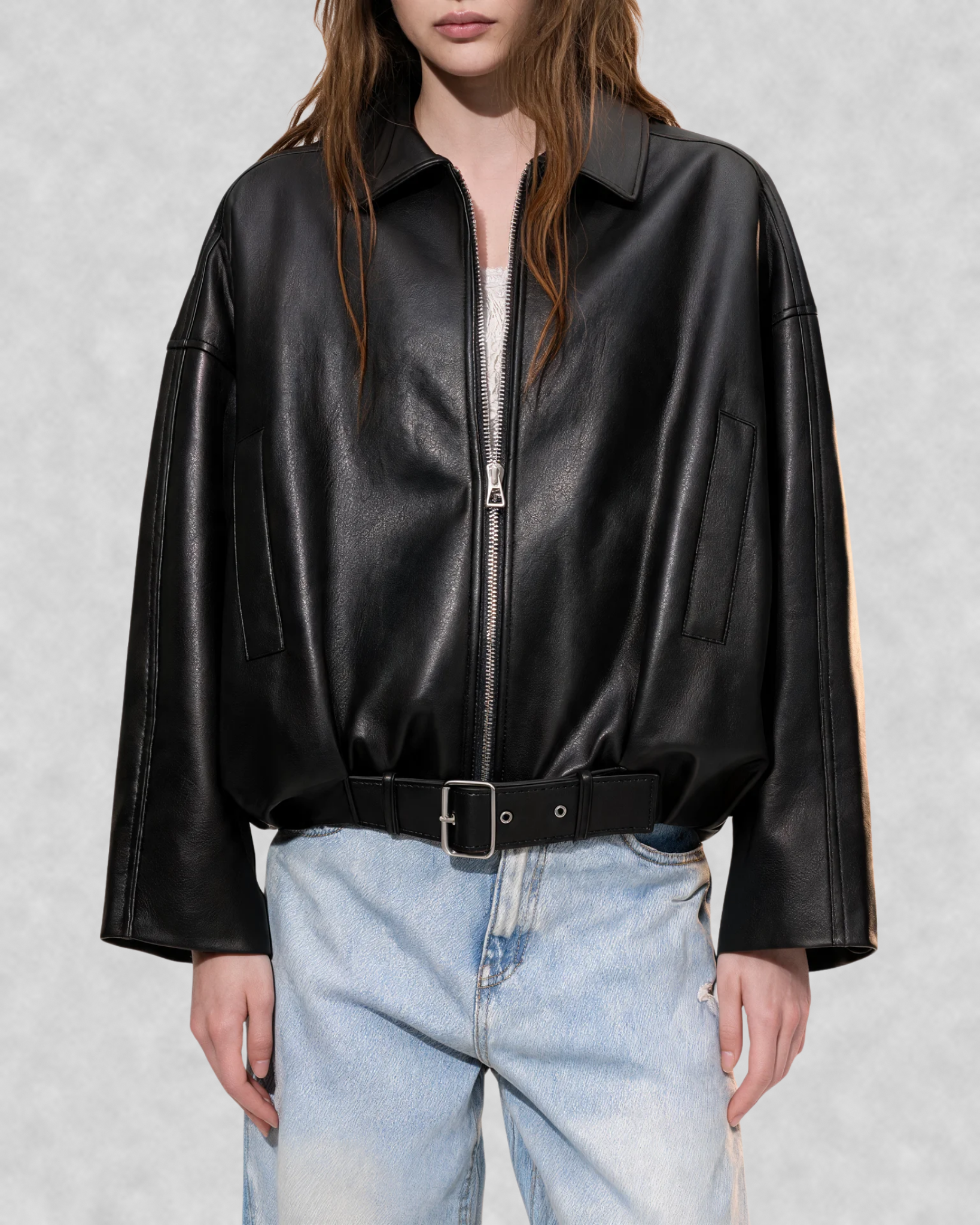 Belted Faux Leather Bomber Jacket