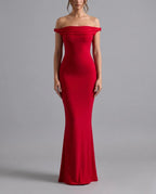 Red Off Shoulder Fishtail Column Maxi Dress