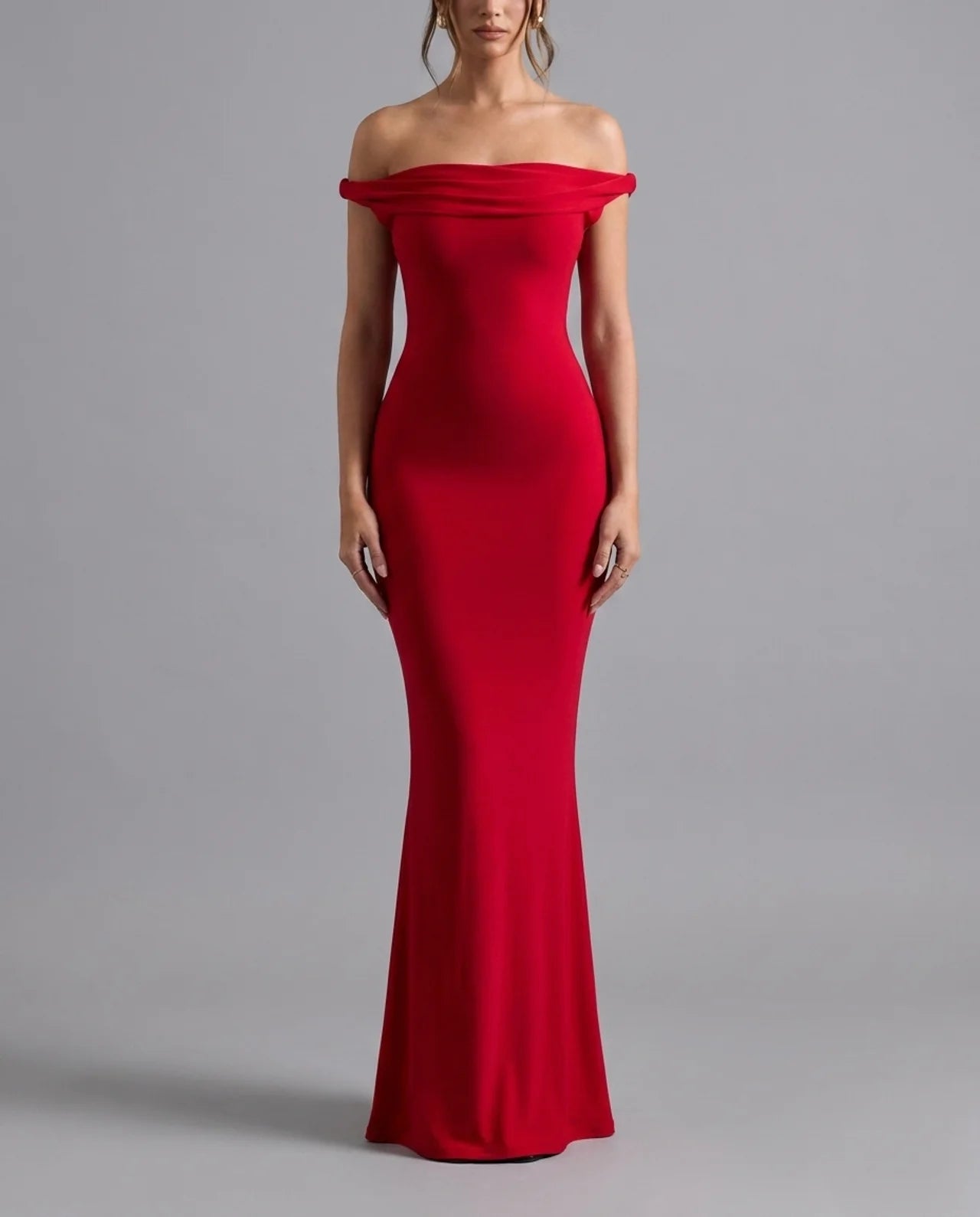Red Off Shoulder Fishtail Column Maxi Dress