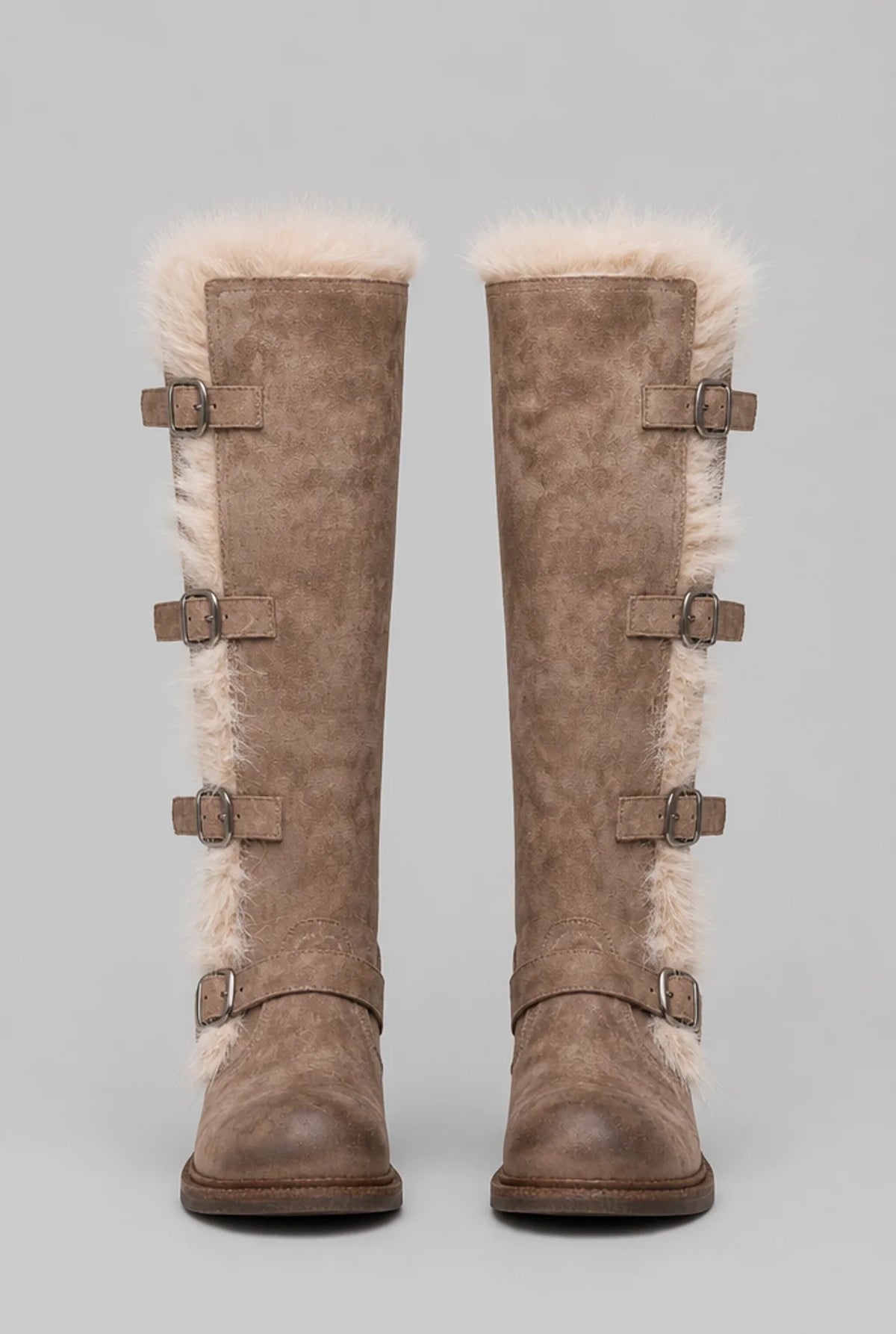 Faux Fur Trim Buckle Knee-High Boots