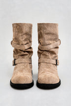 Distressed Double Buckle Mid-Calf Boots