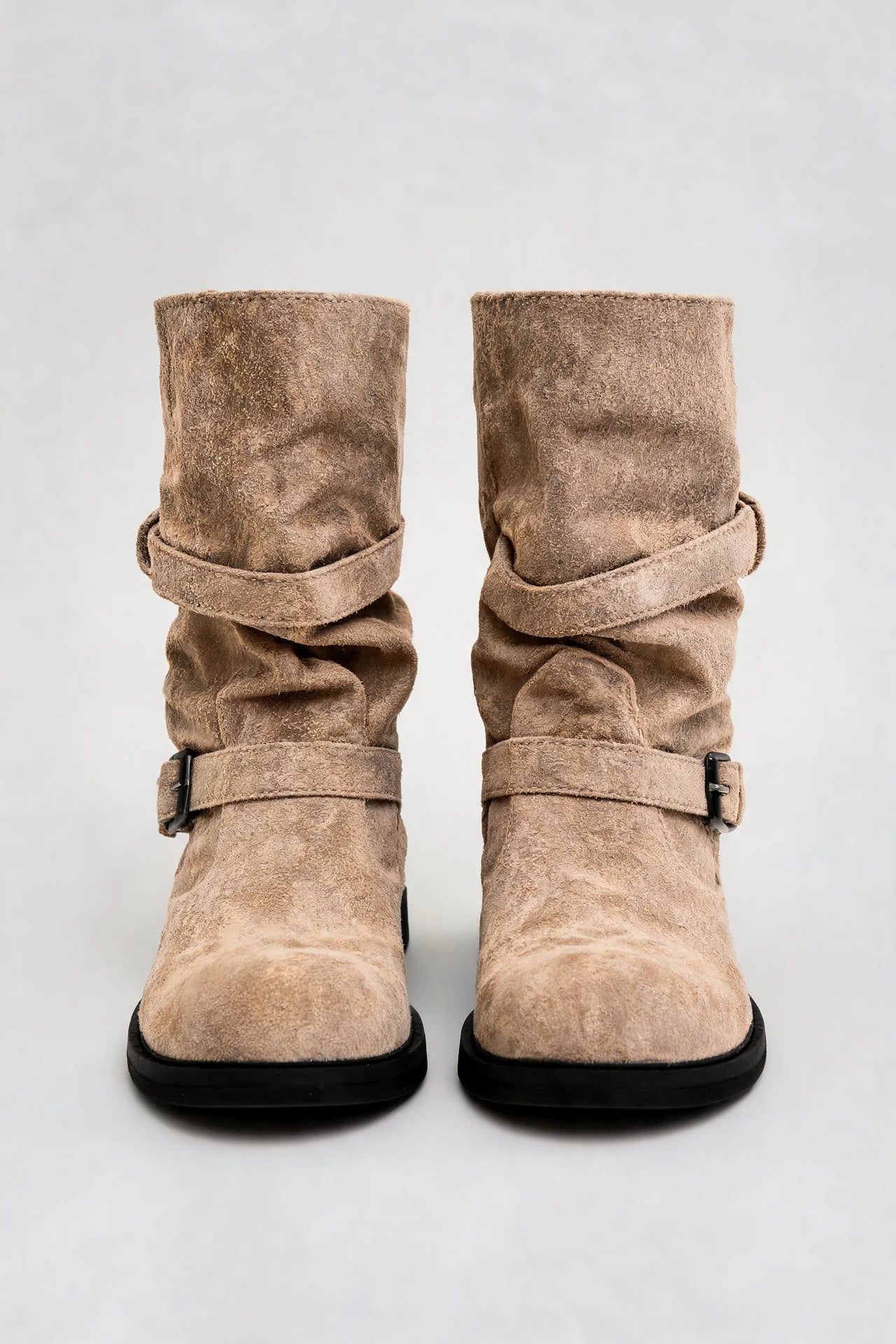 Distressed Double Buckle Mid-Calf Boots
